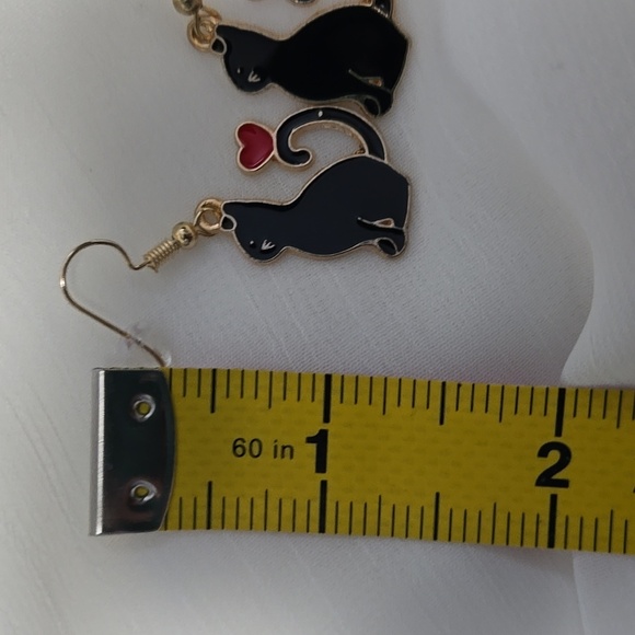 Black Cat Earrings with Red Heart - Picture 3 of 3
